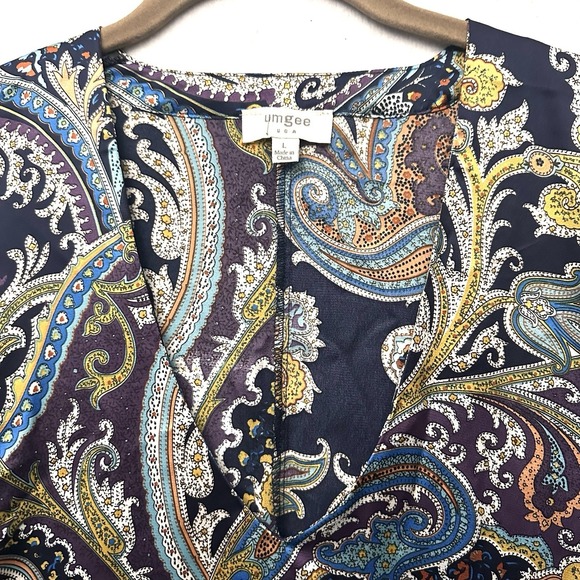 UMGEE Kaftan L Large Purple Paisley Satin Blouse Top Kimono Flutter Sleeves - Picture 2 of 8